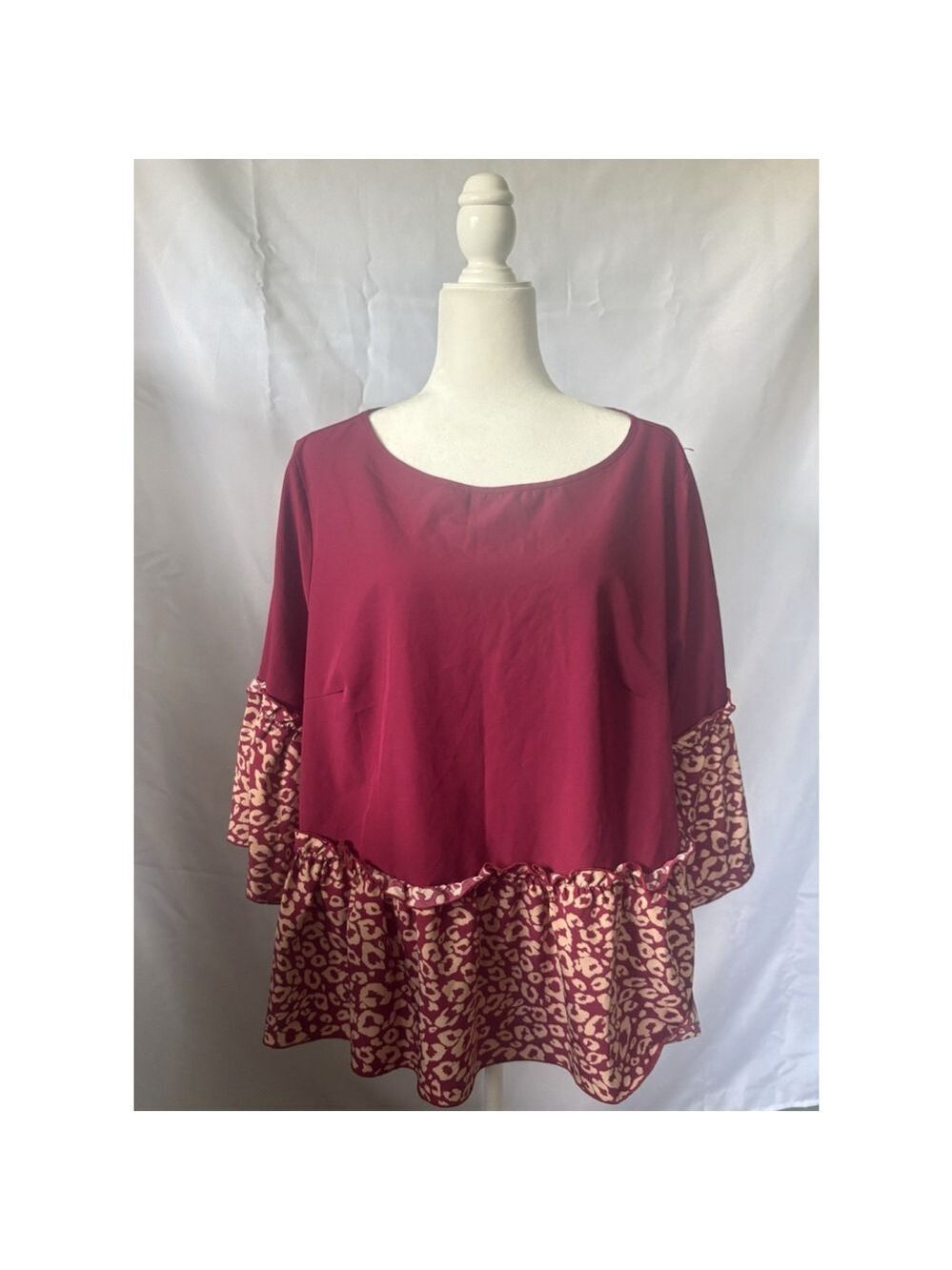 Peplum Flowy Red Blouse Leopard Print Boho Ruffle Hem Short Sleeve Plus Size
